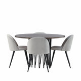 Kamenný kulatý jídelní stůl – černá / mocca dýha + sametová jídelní židle – světle šedá / černá _4