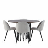 Kamenný kulatý jídelní stůl – černá / mocca dýha + sametová jídelní židle – světle šedá / černá _4