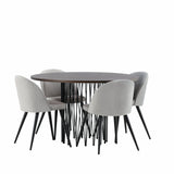 Kamenný kulatý jídelní stůl – černá / mocca dýha + sametová jídelní židle – světle šedá / černá _4