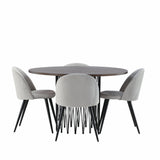 Kamenný kulatý jídelní stůl – černá / mocca dýha + sametová jídelní židle – světle šedá / černá _4