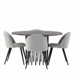 Kamenný kulatý jídelní stůl – černá / mocca dýha + sametová jídelní židle – světle šedá / černá _4