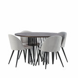 Kamenný kulatý jídelní stůl – černá / mocca dýha + sametová jídelní židle – světle šedá / černá _4