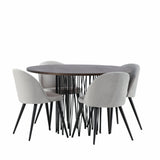 Kamenný kulatý jídelní stůl – černá / mocca dýha + sametová jídelní židle – světle šedá / černá _4