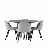 Kamenný kulatý jídelní stůl – černá / mocca dýha + sametová jídelní židle – světle šedá / černá _4