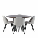 Kamenný kulatý jídelní stůl – černá / mocca dýha + sametová jídelní židle – světle šedá / černá _4