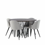 Kamenný kulatý jídelní stůl – černá / mocca dýha + sametová jídelní židle – světle šedá / černá _4