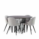 Kamenný kulatý jídelní stůl – černá / mocca dýha + sametová jídelní židle – světle šedá / černá _4