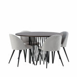 Kamenný kulatý jídelní stůl – černá / mocca dýha + sametová jídelní židle – světle šedá / černá _4