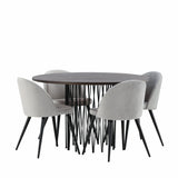 Kamenný kulatý jídelní stůl – černá / mocca dýha + sametová jídelní židle – světle šedá / černá _4