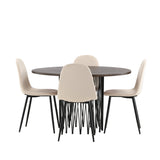 Kamenný kulatý jídelní stůl - černá / mocca dýha + jídelní židle Polar - černé nohy / béžový samet _4