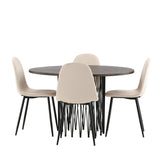 Kamenný kulatý jídelní stůl - černá / mocca dýha + jídelní židle Polar - černé nohy / béžový samet _4