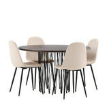 Kamenný kulatý jídelní stůl - černá / mocca dýha + jídelní židle Polar - černé nohy / béžový samet _4