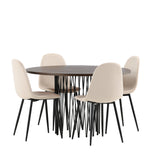 Kamenný kulatý jídelní stůl - černá / mocca dýha + jídelní židle Polar - černé nohy / béžový samet _4