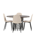 Kamenný kulatý jídelní stůl - černá / mocca dýha + jídelní židle Polar - černé nohy / béžový samet _4