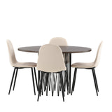 Kamenný kulatý jídelní stůl - černá / mocca dýha + jídelní židle Polar - černé nohy / béžový samet _4