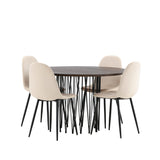 Kamenný kulatý jídelní stůl - černá / mocca dýha + jídelní židle Polar - černé nohy / béžový samet _4