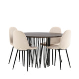 Kamenný kulatý jídelní stůl - černá / mocca dýha + jídelní židle Polar - černé nohy / béžový samet _4