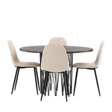 Kamenný kulatý jídelní stůl - černá / mocca dýha + jídelní židle Polar - černé nohy / béžový samet _4