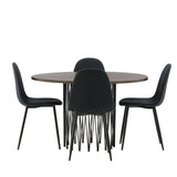 Kamenný kulatý jídelní stůl – černá / mocca dýha + jídelní židle Polar – černé nohy – černá látka _4