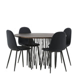 Kamenný kulatý jídelní stůl – černá / mocca dýha + jídelní židle Polar – černé nohy – černá látka _4