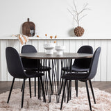 Kamenný kulatý jídelní stůl – černá / mocca dýha + jídelní židle Polar – černé nohy – černá látka _4