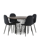 Kamenný kulatý jídelní stůl – černá / mocca dýha + jídelní židle Polar – černé nohy – černá látka _4