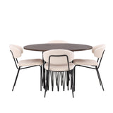 Kamenný kulatý jídelní stůl - černá / mocca dýha + jídelní židle Chico - černá / bílá Boucle _4