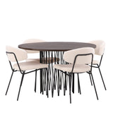 Kamenný kulatý jídelní stůl - černá / mocca dýha + jídelní židle Chico - černá / bílá Boucle _4