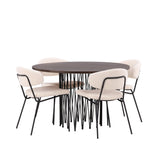 Kamenný kulatý jídelní stůl - černá / mocca dýha + jídelní židle Chico - černá / bílá Boucle _4