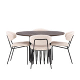 Kamenný kulatý jídelní stůl - černá / mocca dýha + jídelní židle Chico - černá / bílá Boucle _4