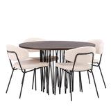 Kamenný kulatý jídelní stůl - černá / mocca dýha + jídelní židle Chico - černá / bílá Boucle _4