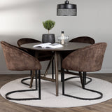 Jídelní stůl Kaseidon - kulatý - kaučukové dřevo / tmavě hnědá MDF + večerní jídelní židle - matná hnědá / hnědá látka _4