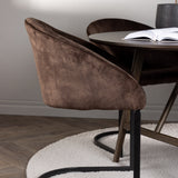 Jídelní stůl Kaseidon - kulatý - kaučukové dřevo / tmavě hnědá MDF + večerní jídelní židle - matná hnědá / hnědá látka _4