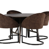 Jídelní stůl Kaseidon - kulatý - kaučukové dřevo / tmavě hnědá MDF + večerní jídelní židle - matná hnědá / hnědá látka _4