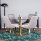 Kulatý jídelní stůl Estelle 106 cm šedý mramor / mosaz - sametová jídelní židle Deluxe - broušená mosaz noha / světle šedý samet 4