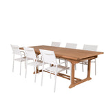 Jídelní stůl Kenya 195/295*110*H75 - Teak+Santorini křeslo (stohovatelné) - Whi
