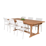 Jídelní stůl Kenya 195/295*110*H75 - Teak+Santorini křeslo (stohovatelné) - Whi
