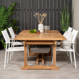 Jídelní stůl Kenya 195/295*110*H75 - Teak+Santorini křeslo (stohovatelné) - Whi