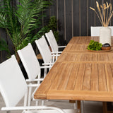Jídelní stůl Kenya 195/295*110*H75 - Teak+Santorini křeslo (stohovatelné) - Whi