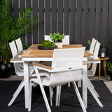 Jídelní stůl Panama 160/240*90 - Bílá Alu / Teak + křeslo Mexico (stohovatelné) - Bílá / Teak _6