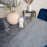 Kulatý jídelní stůl Estelle 106 cm šedý mramor / černé nohy - sametová židle Deluxe - modrá/matná mosaz noha 4
