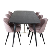 Zlatý rozkládací stůl - 180/220*85*H76 Černá dýha - Černé nohy - Mosazné detaily+Sametová jídelní židle Manšestr - Růžová / Černá_6