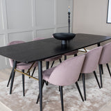 Zlatý rozkládací stůl - 180/220*85*H76 Černá dýha - Černé nohy - Mosazné detaily+Sametová jídelní židle Manšestr - Růžová / Černá_6