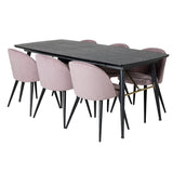 Zlatý rozkládací stůl - 180/220*85*H76 Černá dýha - Černé nohy - Mosazné detaily+Sametová jídelní židle Manšestr - Růžová / Černá_6