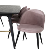 Zlatý rozkládací stůl - 180/220*85*H76 Černá dýha - Černé nohy - Mosazné detaily+Sametová jídelní židle Manšestr - Růžová / Černá_6