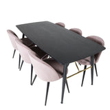 Zlatý rozkládací stůl - 180/220*85*H76 Černá dýha - Černé nohy - Mosazné detaily+Sametová jídelní židle Manšestr - Růžová / Černá_6