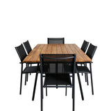 Jídelní stůl Chan – černá ocel / akácie (vzhled teak) – 200 cm + křeslo Santorini (stohovatelné) – černá alu / černá textilie_6
