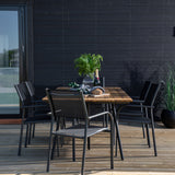 Jídelní stůl Chan – černá ocel / akácie (vzhled teak) – 200 cm + křeslo Santorini (stohovatelné) – černá alu / černá textilie_6