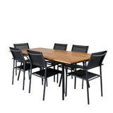 Jídelní stůl Chan – černá ocel / akácie (vzhled teak) – 200 cm + křeslo Santorini (stohovatelné) – černá alu / černá textilie_6