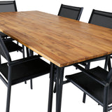 Jídelní stůl Chan – černá ocel / akácie (vzhled teak) – 200 cm + křeslo Santorini (stohovatelné) – černá alu / černá textilie_6